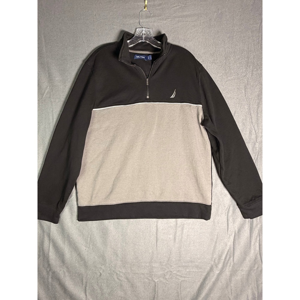 Nautica Mens Quarter Zip Pullover Sweater Large Black Grey Long Sleeve Knit EUC